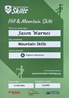 Mountain Training Skills — Hill & Mountain Skills certificate, Jason Warnes, May 2026